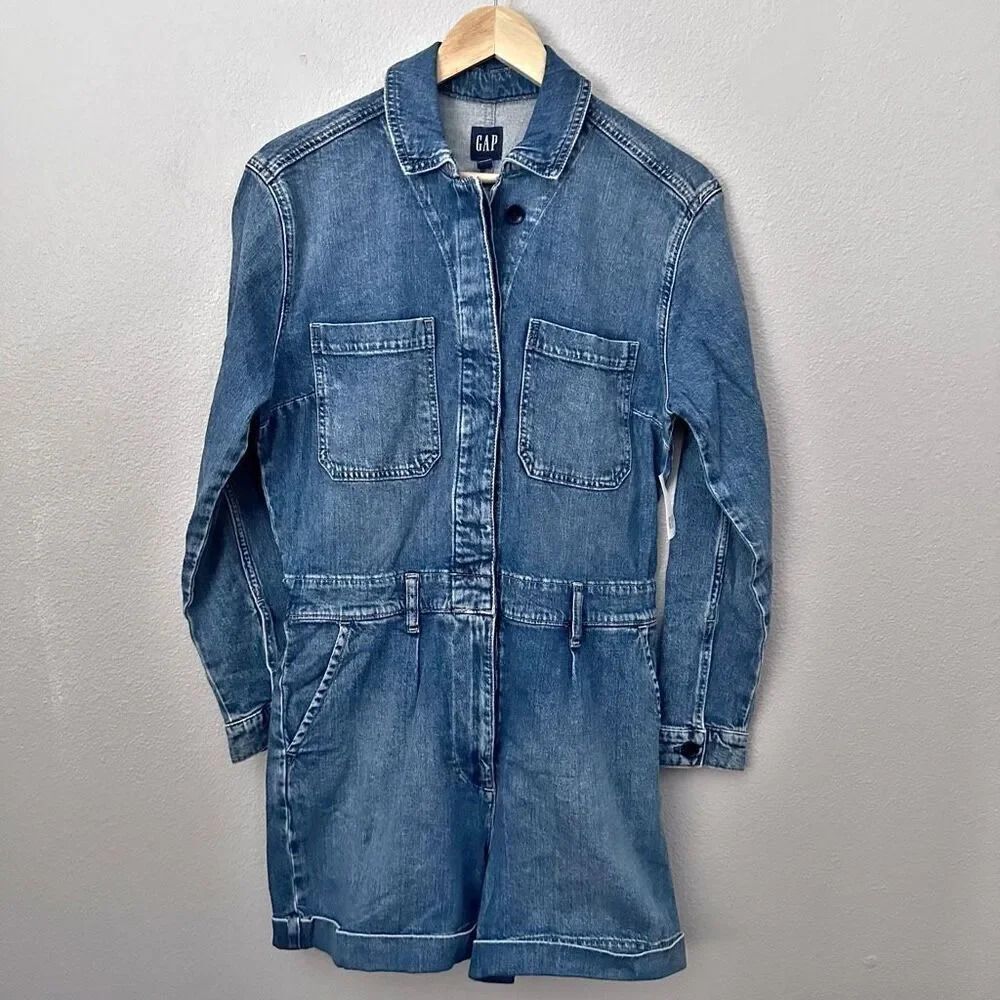 GAP | NWT Denim Utility Romper Washwell Long Sleeve Shorts Jumpsuit | Size 8 - Picture 2 of 11